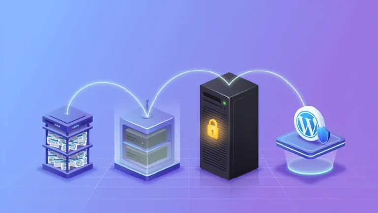 Isometric 3D illustration comparing shared, VPS, dedicated, and managed WordPress hosting server types in a row