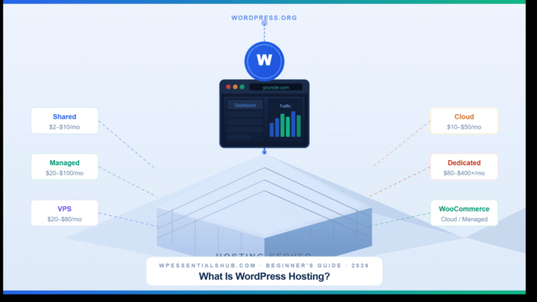 What is WordPress hosting — isometric diagram showing hosting server, WordPress dashboard, and hosting types (Shared, Managed, VPS, Cloud, Dedicated) explained for beginners