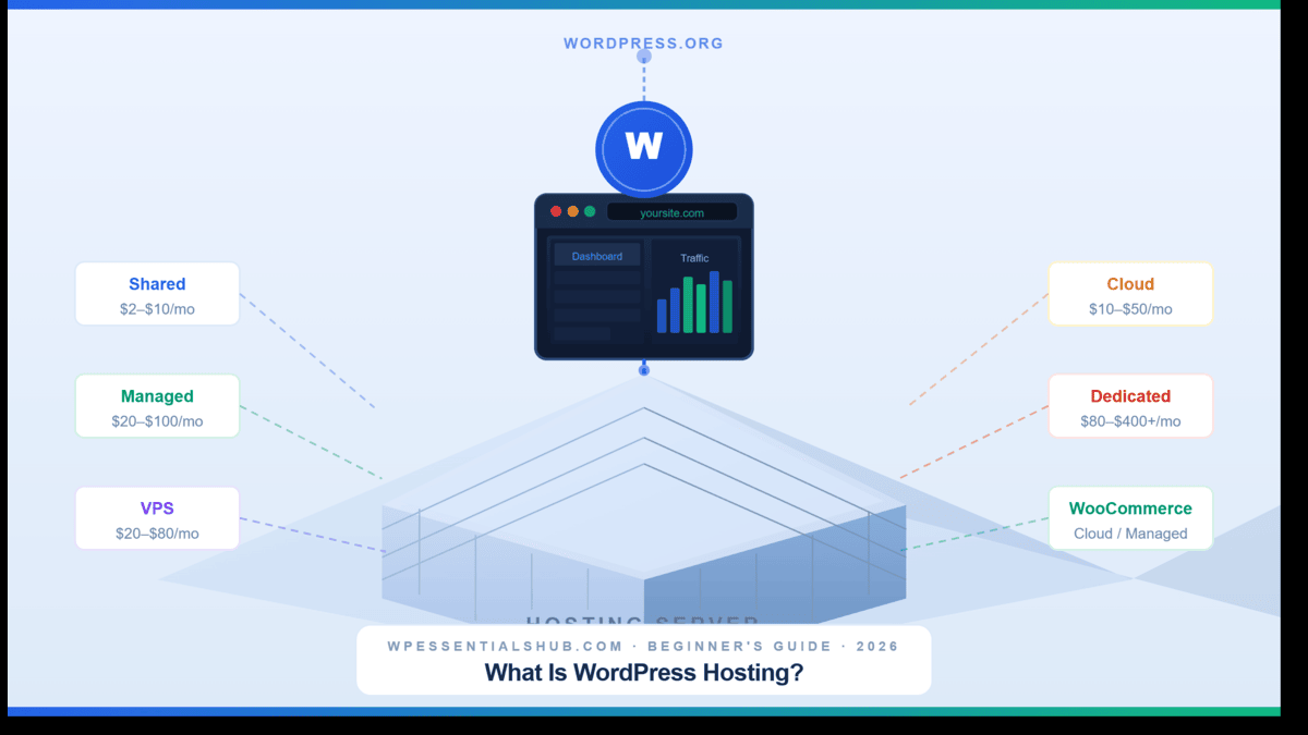 What is WordPress hosting — isometric diagram showing hosting server, WordPress dashboard, and hosting types (Shared, Managed, VPS, Cloud, Dedicated) explained for beginners