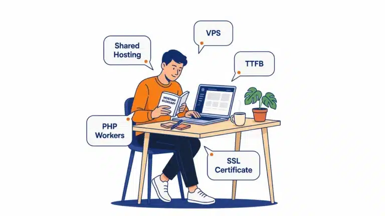 Flat design illustration of a WordPress site owner reading a hosting glossary with labeled bubbles showing shared hosting, VPS, TTFB, PHP workers, and SSL terms
