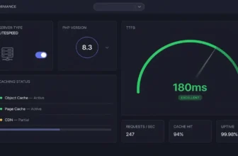 Minimalist dark-mode UI mockup showing WordPress hosting speed settings including server type, PHP version, caching status, and a green TTFB gauge at 180ms