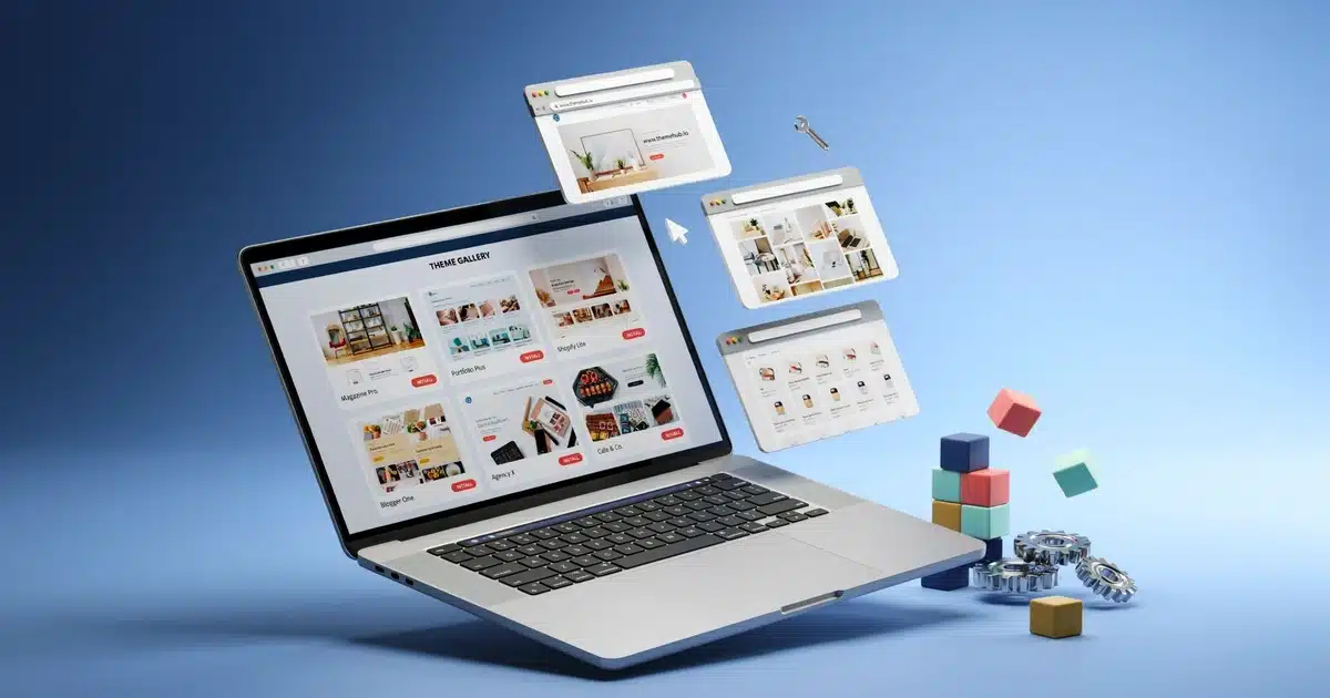 Laptop showing a WordPress theme gallery for the best free WordPress themes 2026 roundup