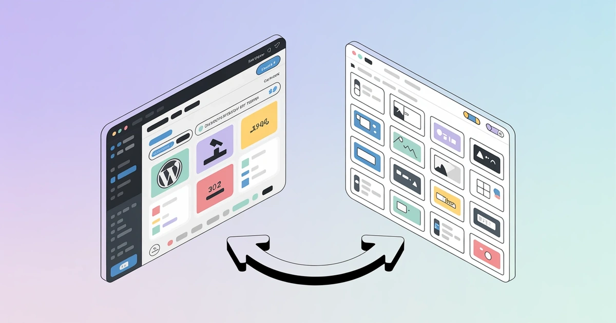 Split-screen graphic comparing classic and block WordPress theme editors