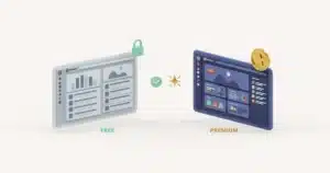Isometric illustration comparing a free WordPress theme dashboard to a premium theme dashboard