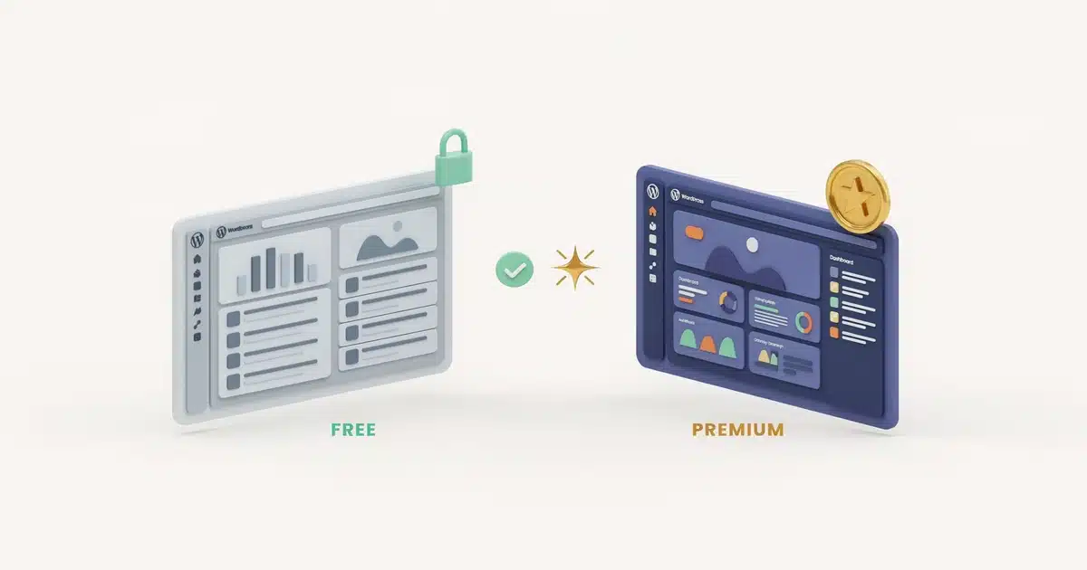 Isometric illustration comparing a free WordPress theme dashboard to a premium theme dashboard