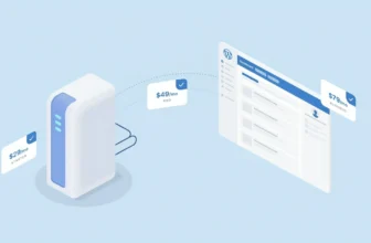 WordPress hosting price breakdown illustration with server and pricing icons