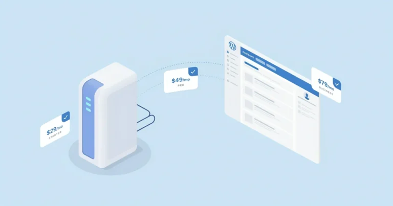 WordPress hosting price breakdown illustration with server and pricing icons