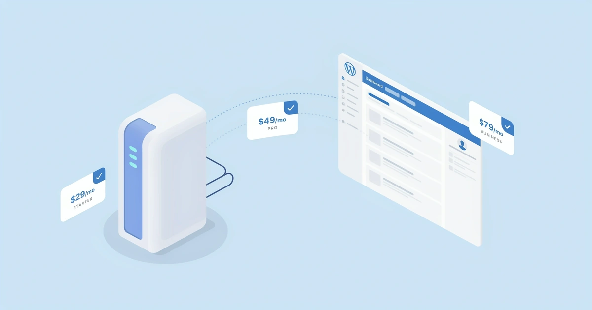WordPress hosting price breakdown illustration with server and pricing icons
