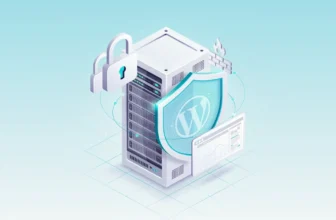 3D isometric render of a WordPress hosting server protected by a glowing security shield