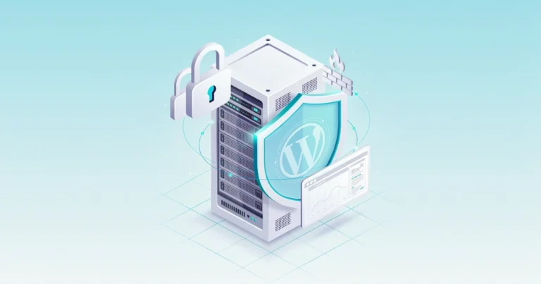 3D isometric render of a WordPress hosting server protected by a glowing security shield