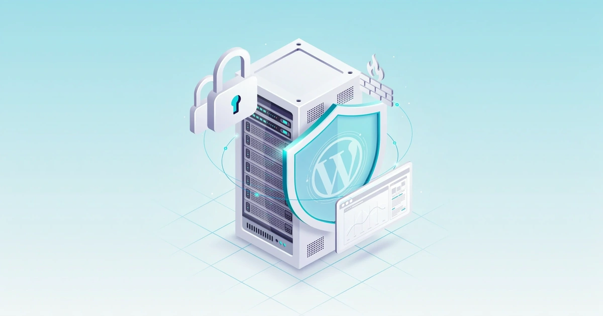 3D isometric render of a WordPress hosting server protected by a glowing security shield