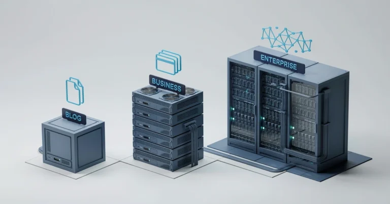 Tiered server racks illustrating WordPress hosting scaling from blog to enterprise