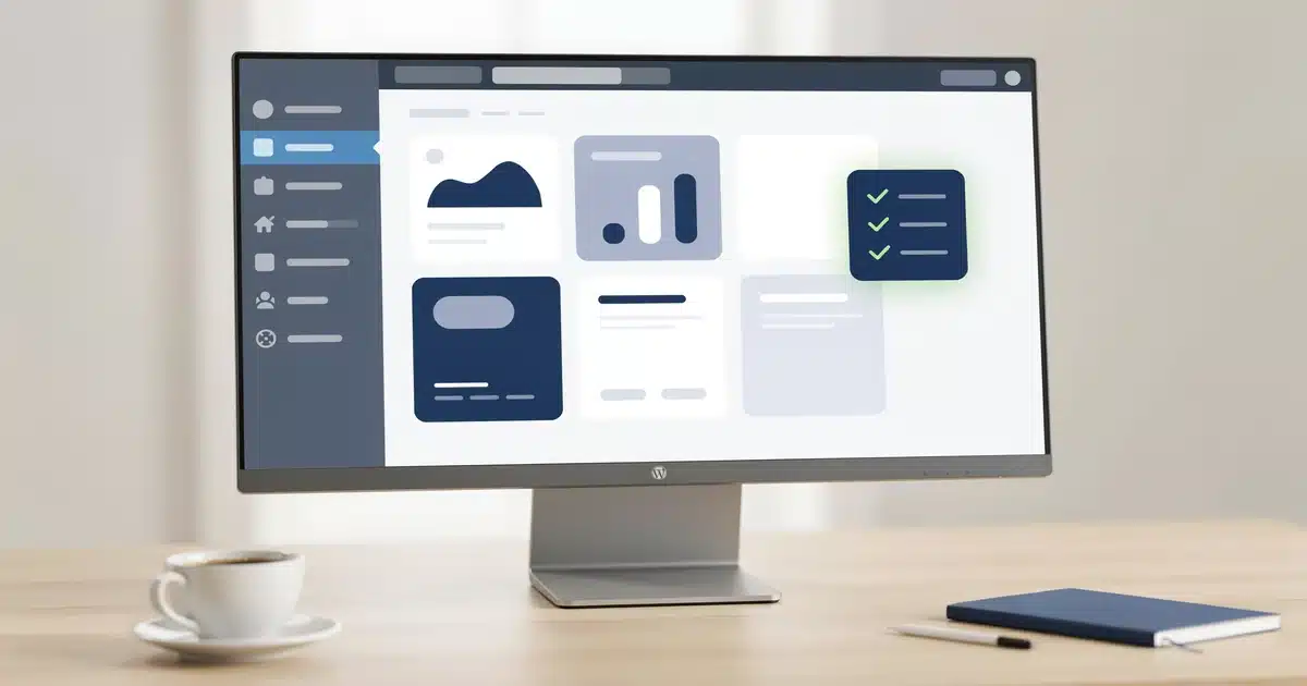 WordPress dashboard interface with a plugin safety checklist overlay, representing a beginner's guide to installing and vetting WordPress plugins