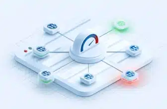 Isometric illustration of WordPress plugins connected to a site speed gauge