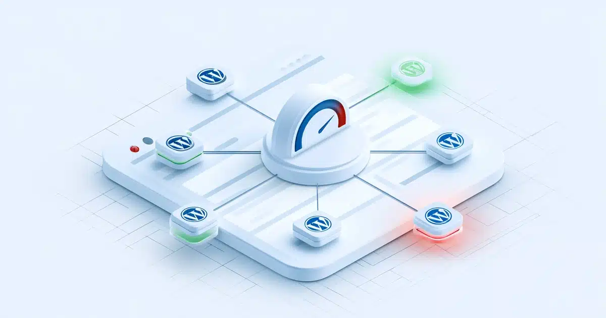 Isometric illustration of WordPress plugins connected to a site speed gauge