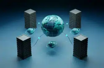 3D rendered wide illustration of a global network linking domain extension servers