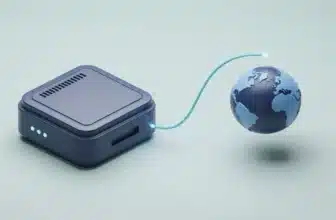 3D render of a server connected to a globe icon representing domain and hosting