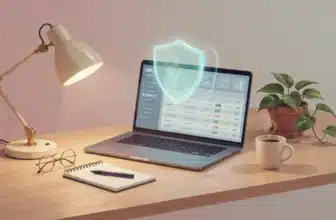 Realistic scene of a laptop displaying a domain dashboard with a glowing privacy shield icon above it