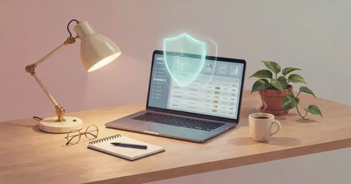 Realistic scene of a laptop displaying a domain dashboard with a glowing privacy shield icon above it
