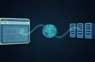 Design illustration of a browser linked to servers showing free domain vs paid domain structure