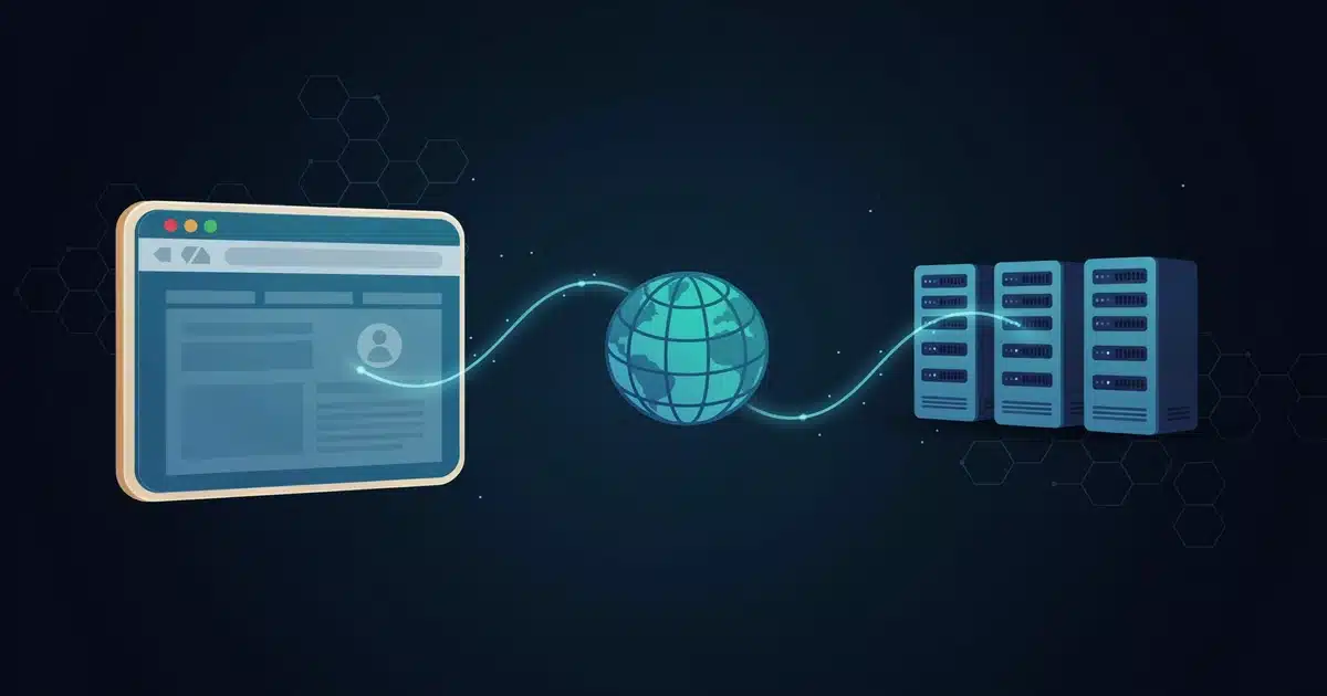 Design illustration of a browser linked to servers showing free domain vs paid domain structure