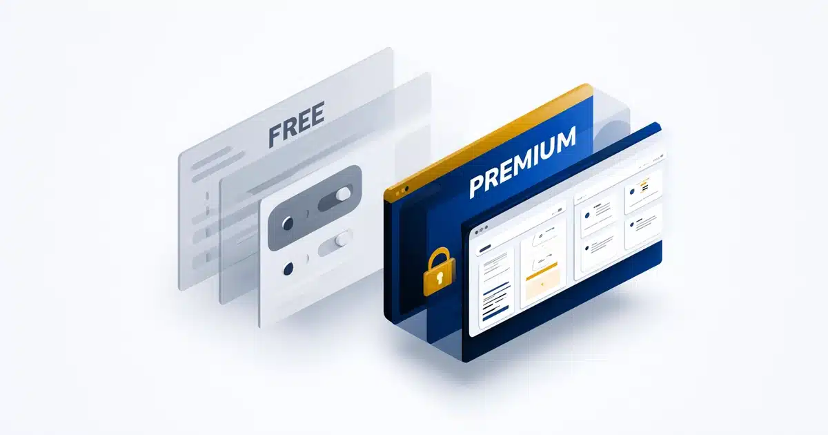 Isometric illustration comparing free and premium WordPress plugin dashboards