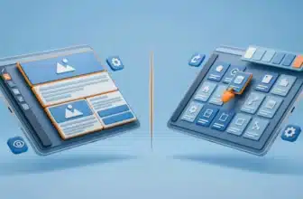 Isometric split-view render comparing Gutenberg and a WordPress page builder