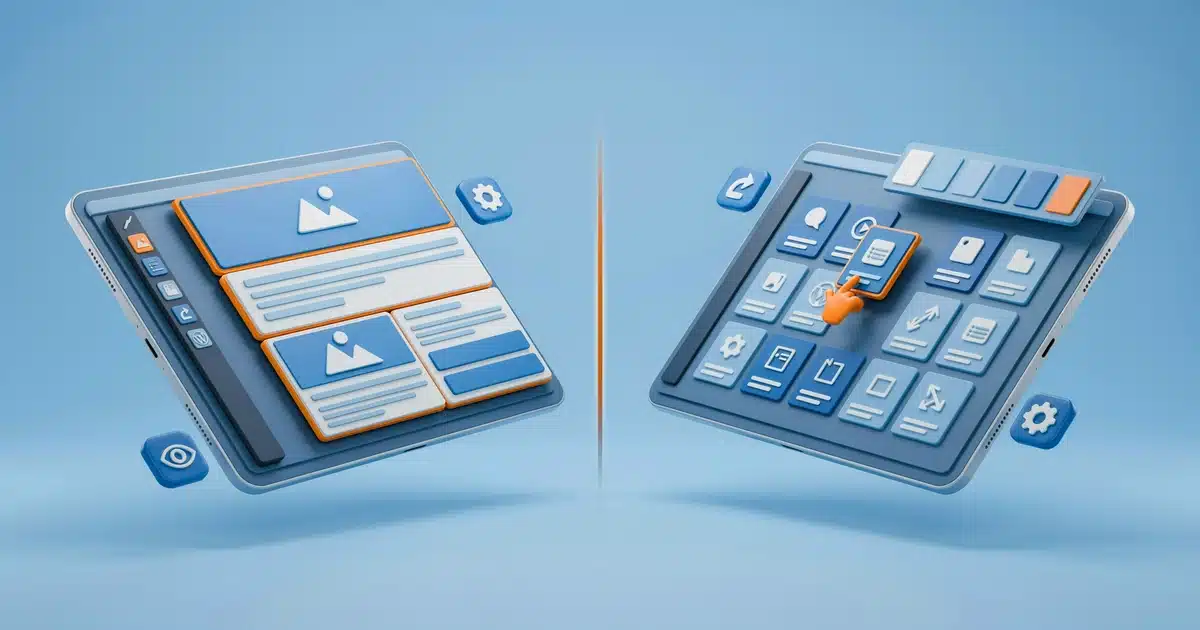 Isometric split-view render comparing Gutenberg and a WordPress page builder