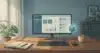 Wide illustration of an office desk and monitor showing a domain management panel with a server icon