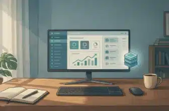 Wide illustration of an office desk and monitor showing a domain management panel with a server icon