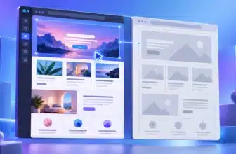 Frontend vs backend page builder split-screen showing a live visual website editor beside a wireframe layout of rows and columns