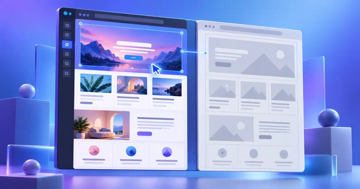 Frontend vs backend page builder split-screen showing a live visual website editor beside a wireframe layout of rows and columns