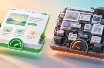 Side-by-side illustration of a lightweight page layout with a fast gauge and a bloated page builder layout with a slow gauge