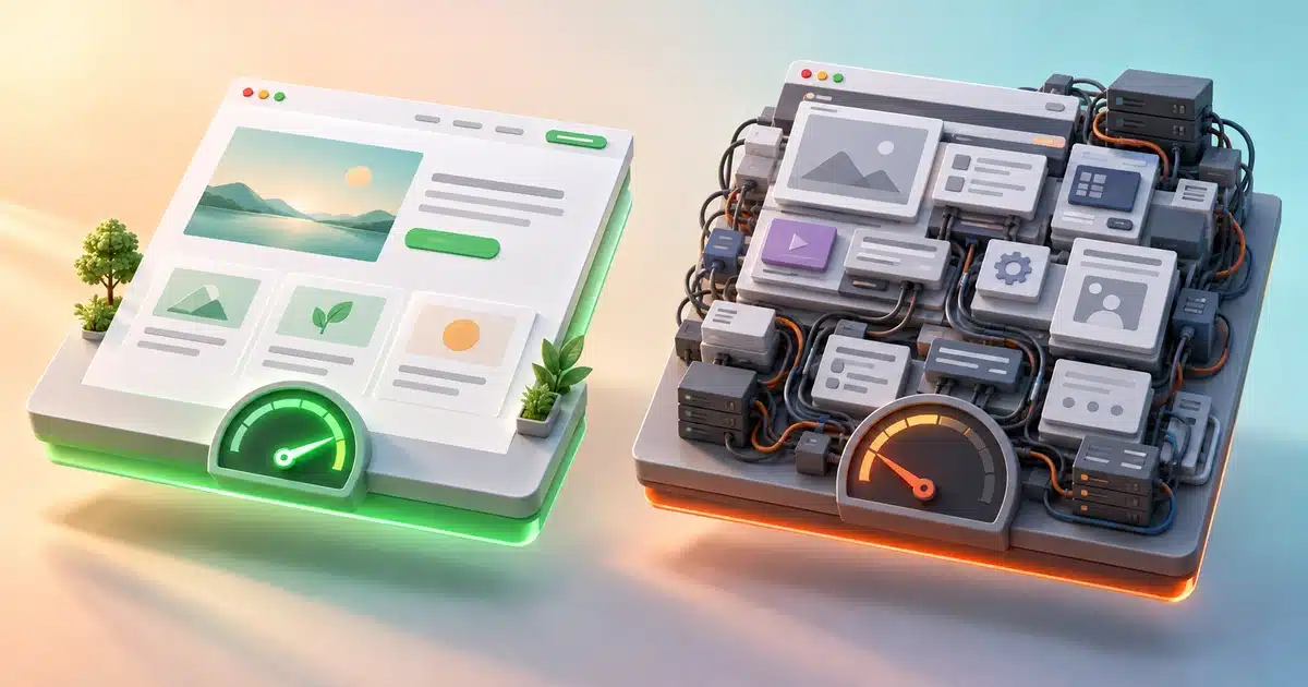 Side-by-side illustration of a lightweight page layout with a fast gauge and a bloated page builder layout with a slow gauge