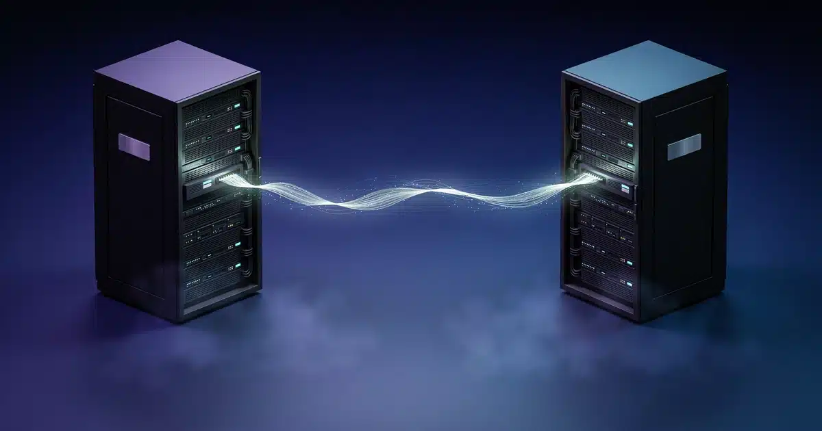 Two connected servers illustrating a WordPress hosting migration data bridge