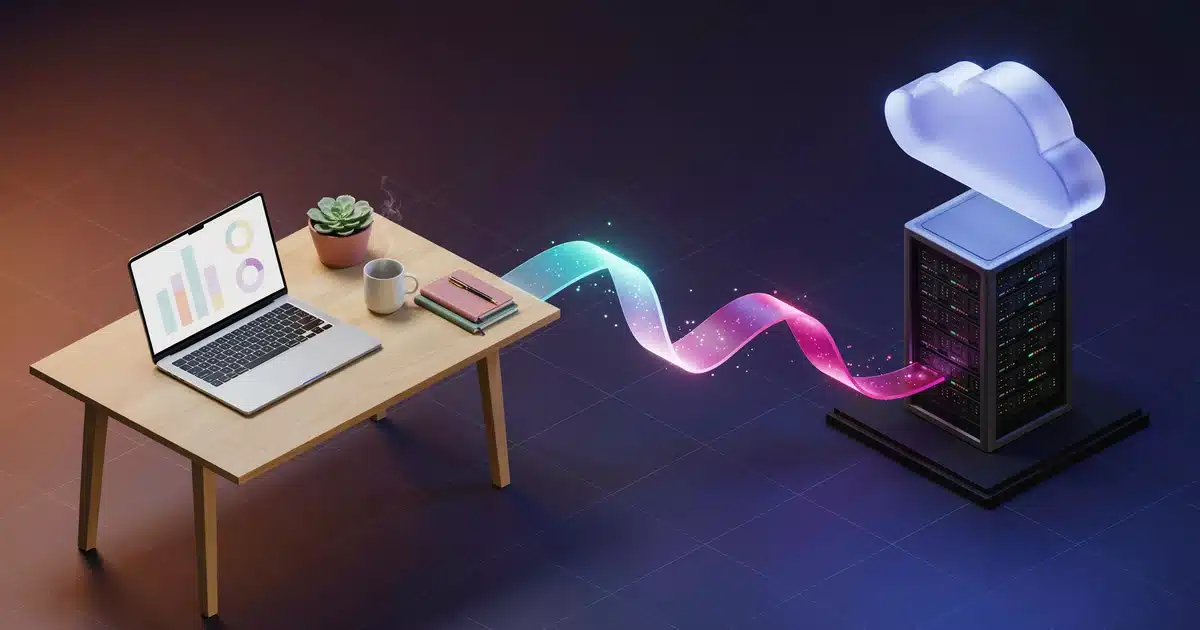 Wide 3D scene of a desk setup connected to cloud and server icons representing WordPress backup plugins