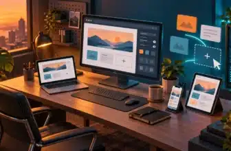 Web design workspace with a WordPress page builder on a monitor and responsive previews on a phone and tablet