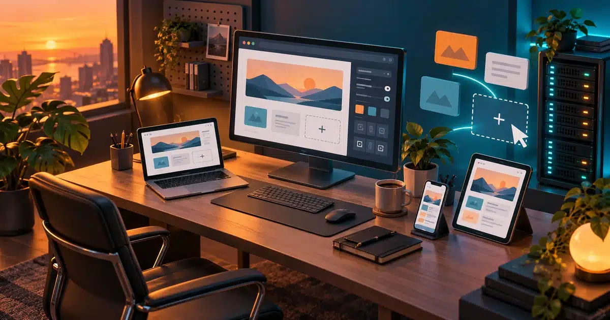 Web design workspace with a WordPress page builder on a monitor and responsive previews on a phone and tablet