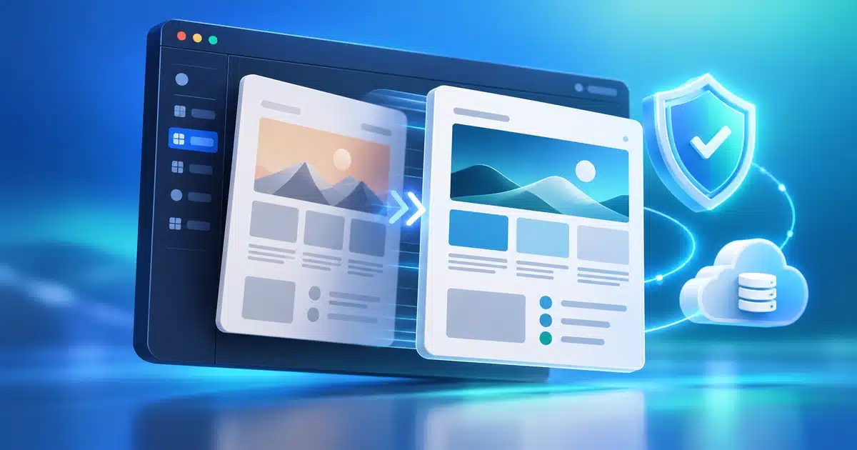 Illustration of how to change a WordPress theme without breaking your site, with a backup shield next to the dashboard